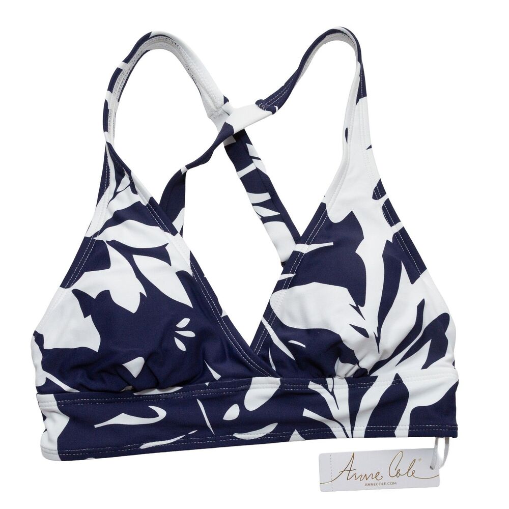 Anne Cole Women Small lNavy White Abstract Floral Print Cross-Back Bikini Top